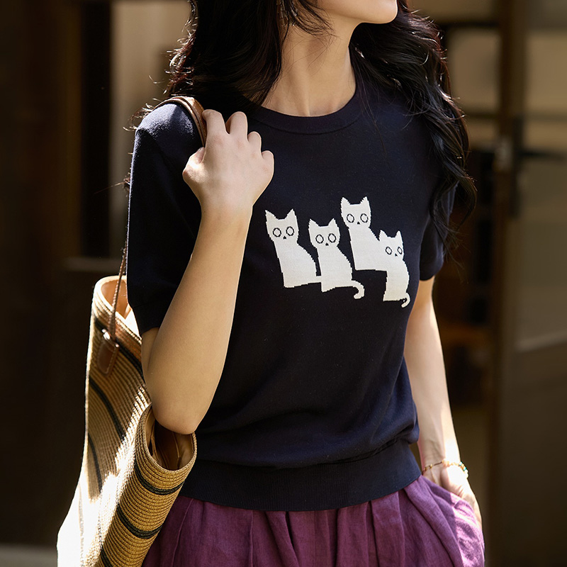 可愛貓咪圖案短袖針織T恤(2色)