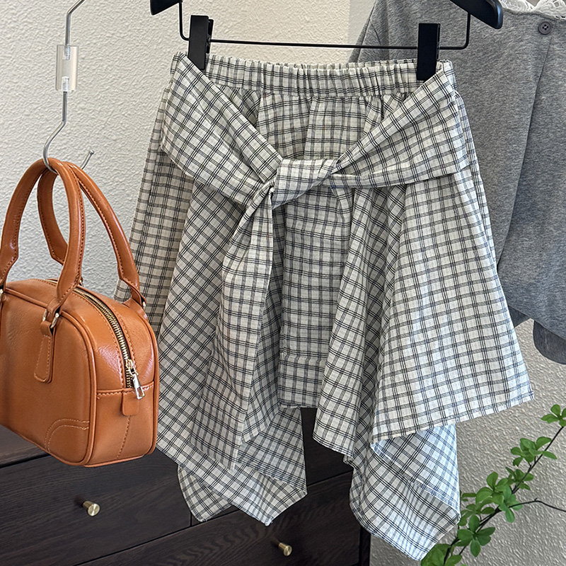 韓系休閒運動百搭綁帶格紋不規則半裙(2色)