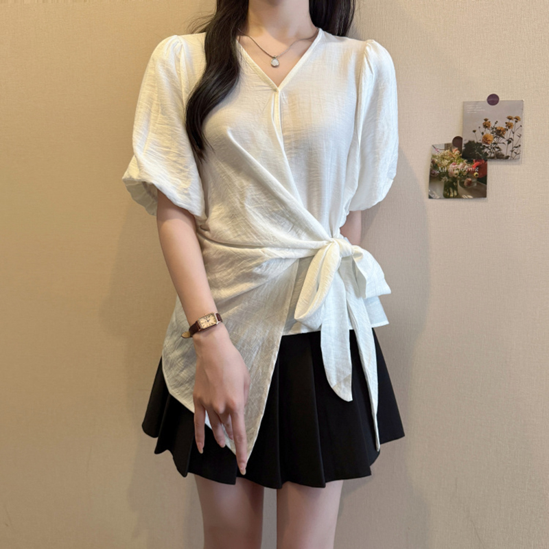 韓係不規則綁帶V領短袖小衫(2色)