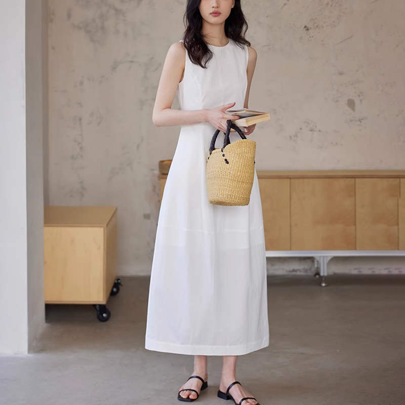 法式圓領拼收腰無袖連身裙(2色)