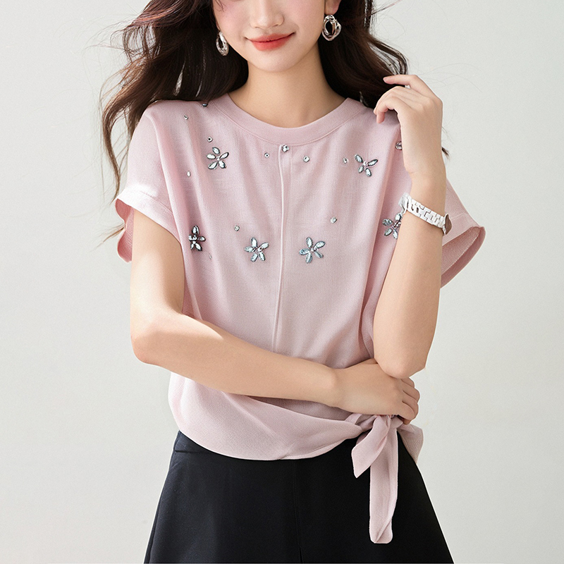 釘珠側邊綁帶設計小飛袖針織T恤(3色)