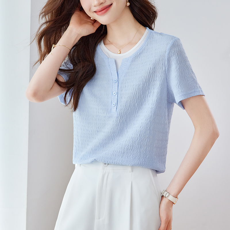 優雅假兩件拼接肌理短袖T恤