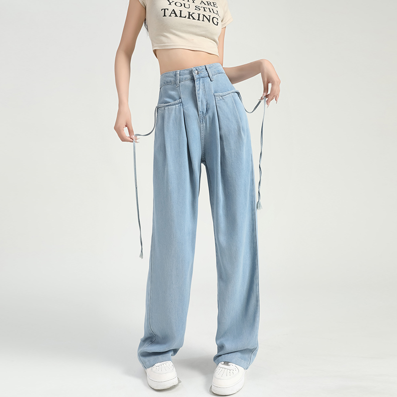 慵懶舒適高腰抽繩薄款牛仔褲