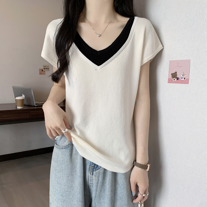 韓系V領撞色假兩件短袖T恤(2色)
