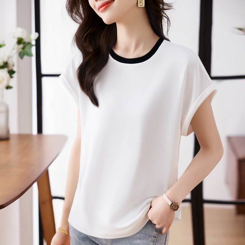 優雅圓領拼接短袖T恤(2色)
