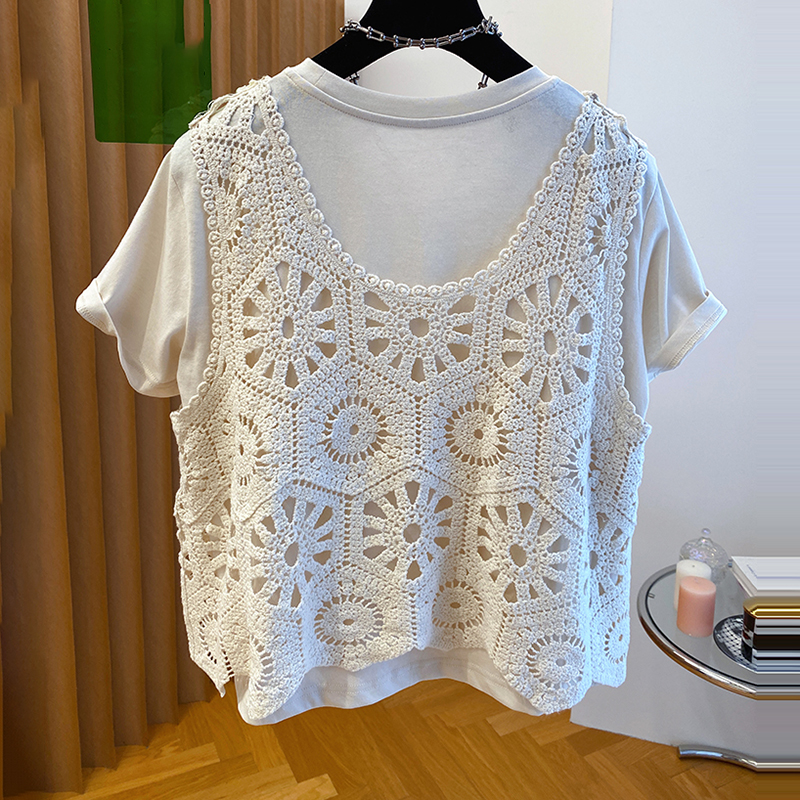 新款針織鏤空馬甲圓領短袖