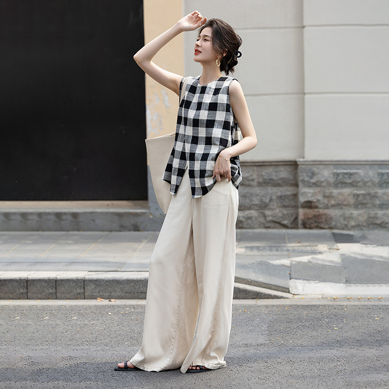 復古格紋交叉圓領無袖襯衫