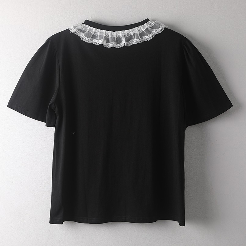 時尚圓領拼接蕾絲短袖T恤(2色)