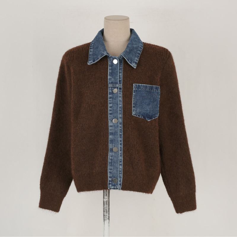 韓系針織牛仔拼接短款外套