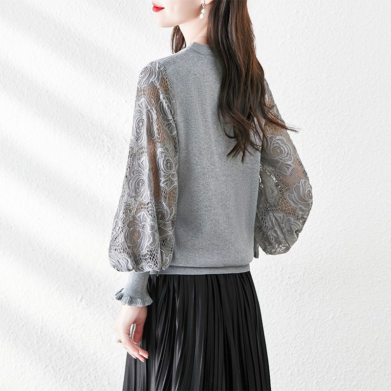 蕾絲鏤空袖拼接針織衫(3色)
