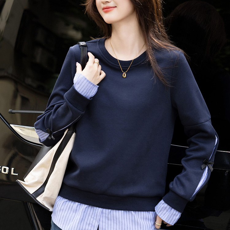 條紋拼接蝴蝶結裝飾假兩件寬鬆衛衣