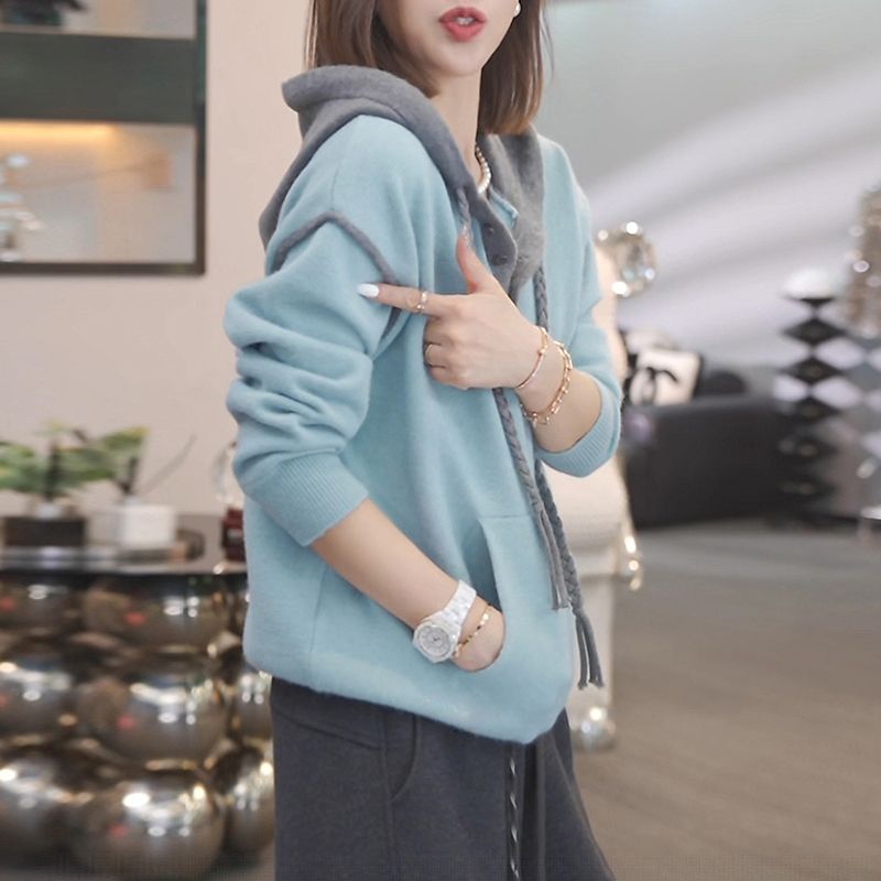 休閒百搭連帽拼色針織衛衣(4色)