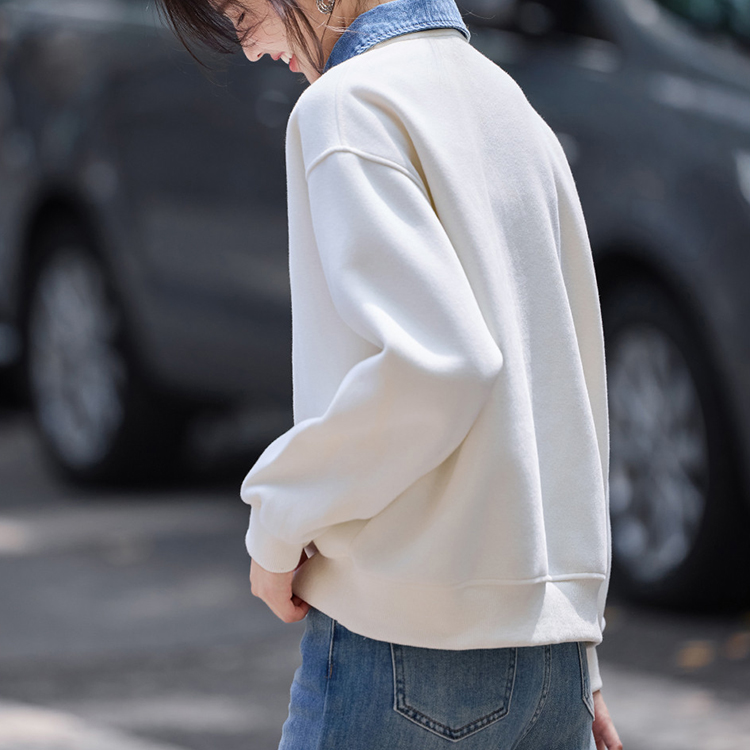 繡花撞色翻領拼接假兩件衛衣