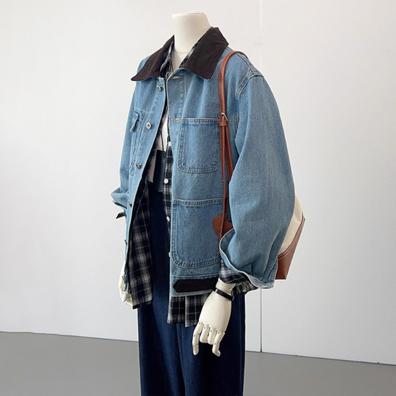 韓系撞色翻領多口袋牛仔外套