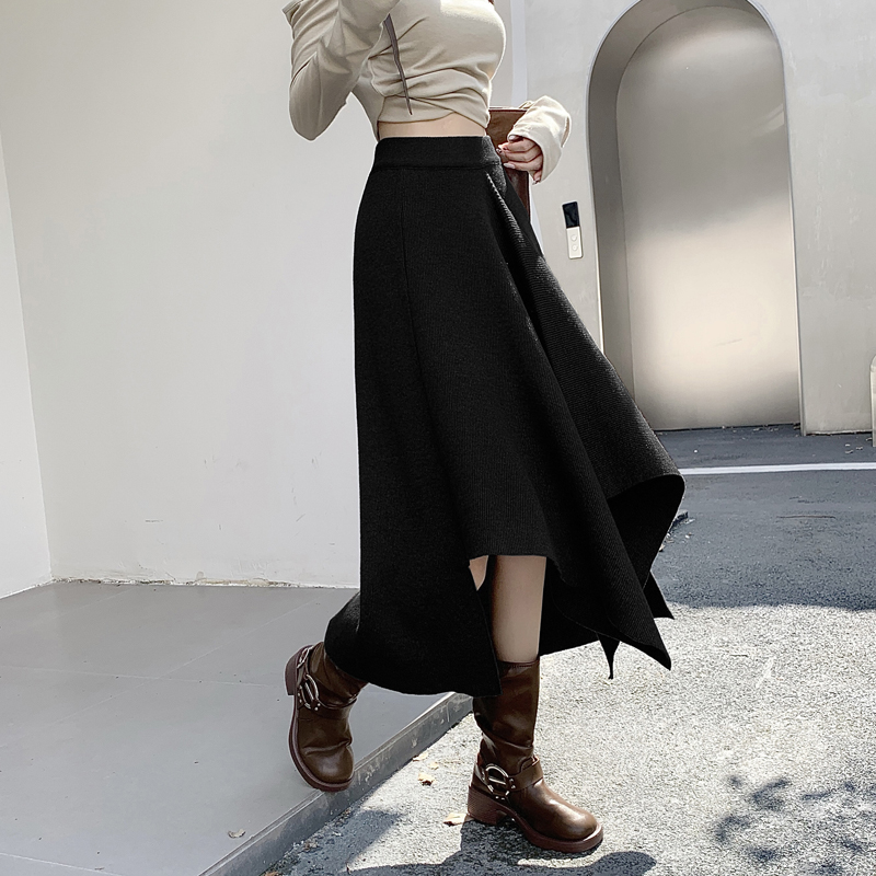 時尚高腰A字不規則針織半身裙(2色)