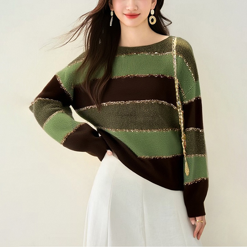 時尚圓領條紋撞色針織毛衣