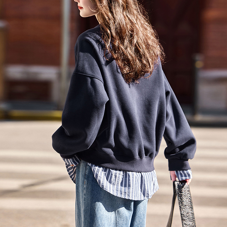 字母印花條紋拼接休閒假兩件衛衣