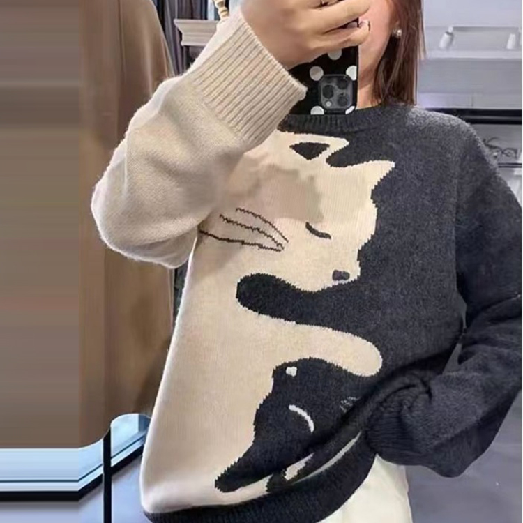 時尚百搭撞色卡通針織毛衣