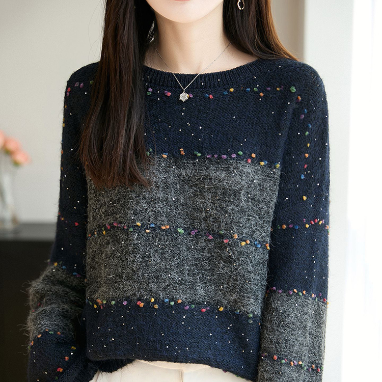 撞色條紋彩色提花裝飾針織衫(3色)