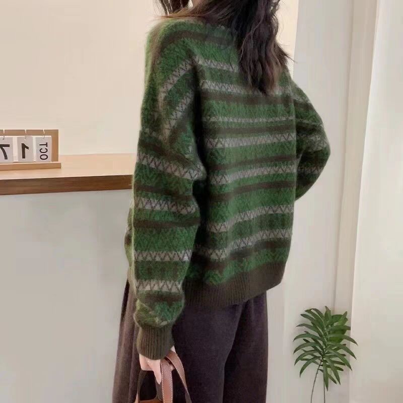復古圓領條紋針織毛衣