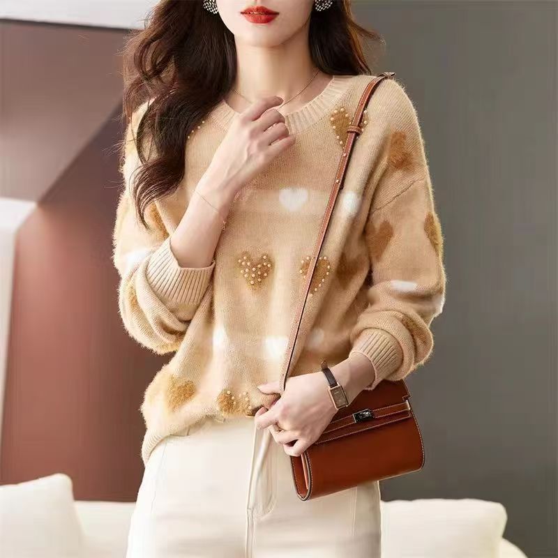 百搭圓領釘珠長袖針織衫(2色)