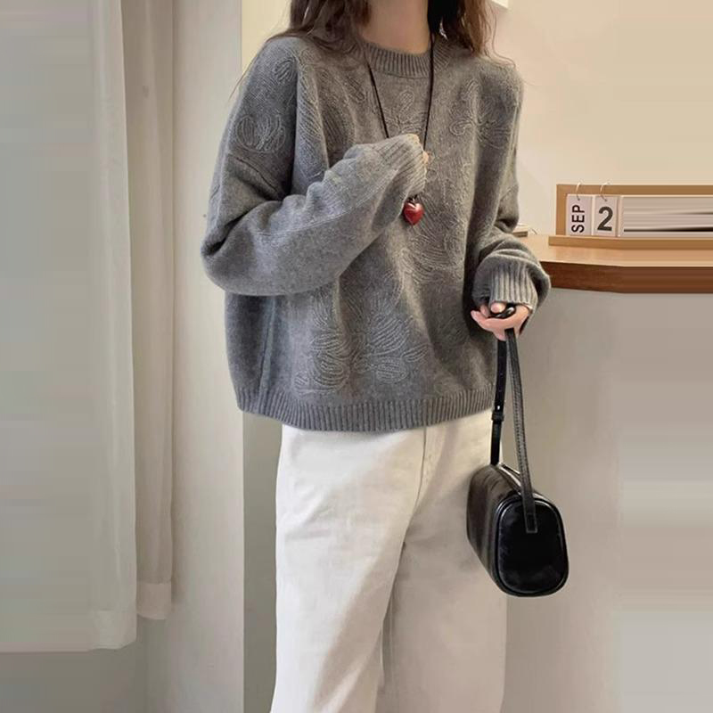 時尚提花圓領長袖針織毛衣(2色)
