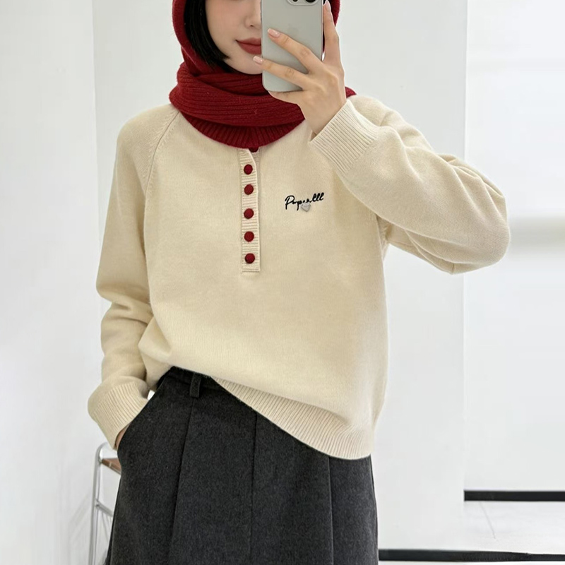 百搭半開領繫扣針織毛衣(2色)