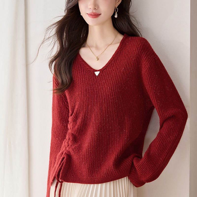 寬鬆V領長袖抽繩針織衫(4色)
