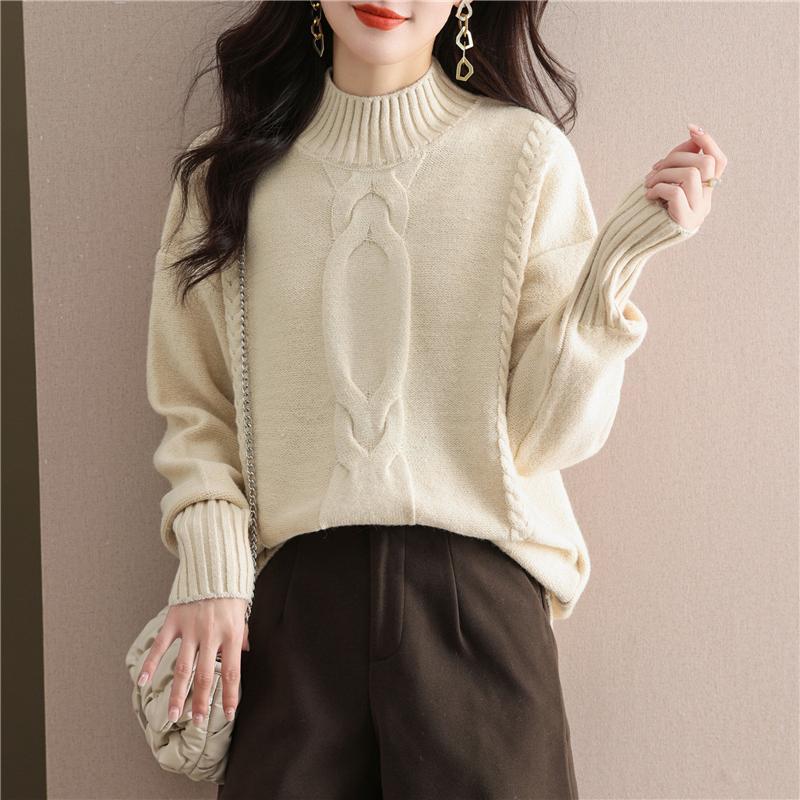 寬鬆慵懶半高領麻花針織毛衣(3色)