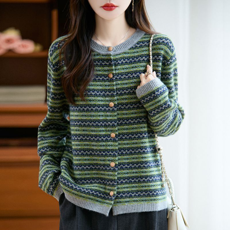 復古圓領提花條紋針織開襟衫