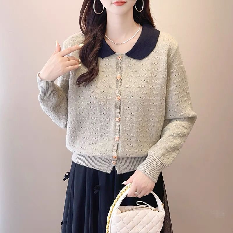 撞色翻領洋氣長袖針織開襟衫(2色)