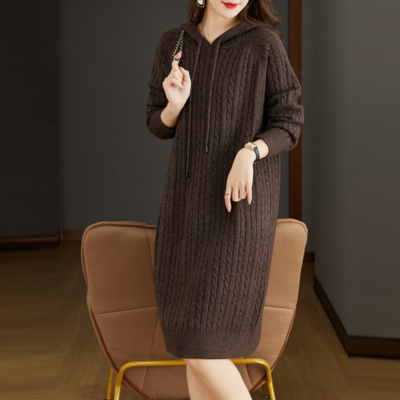 麻花紋路連帽中長款休閒針織連身裙(4色)