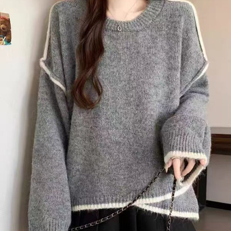 慵懶撞色圓領長袖針織毛衣(2色)
