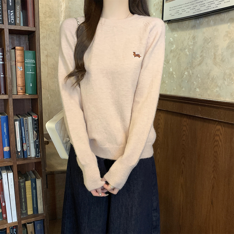 韓系慵懶圓領刺繡針織毛衣(4色)