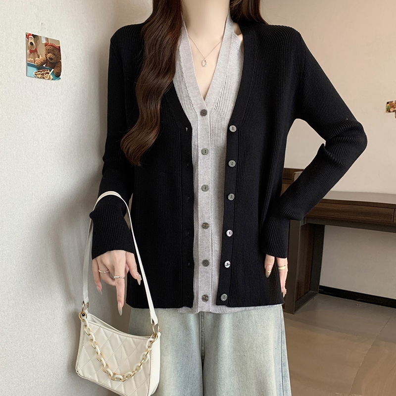 V領假兩件針織開襟衫