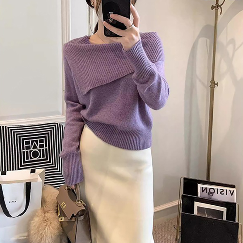 通勤翻領一字肩長袖針織衫(2色)