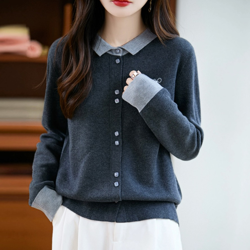 蝴蝶結刺繡POLO領撞色針織開襟衫(4色)