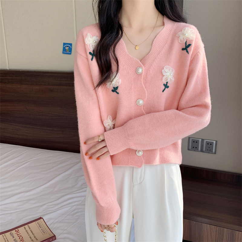 甜美V領立體花朵​​釘珠針織開襟衫
