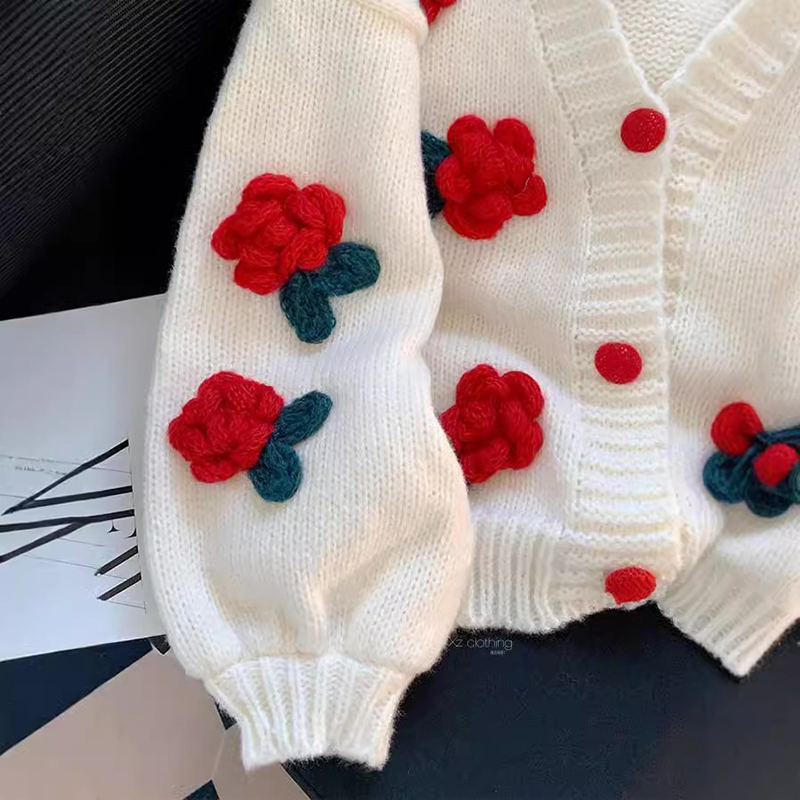 甜美V領立體花朵​​針織開襟衫(2色)