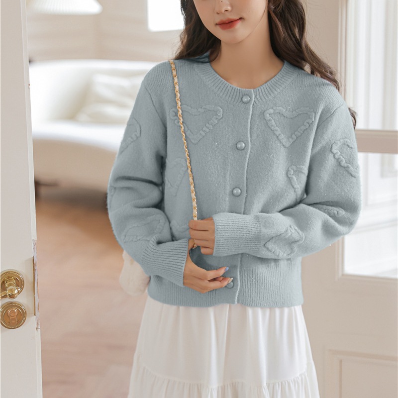 甜美圓領簡約立體愛心針織開襟衫(6色)