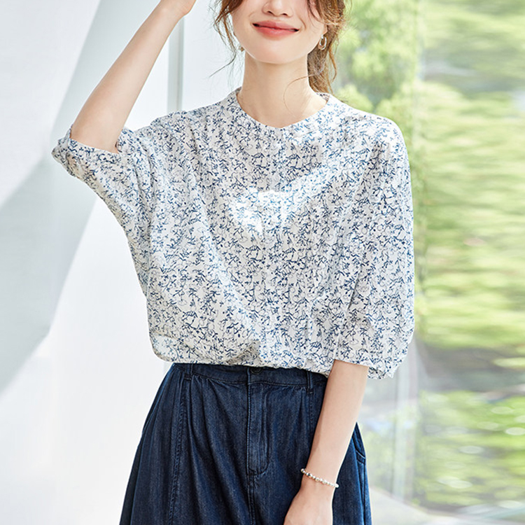 法式碎花純棉七分袖襯衫