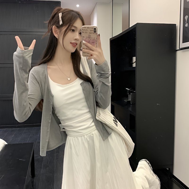 復古溫柔風針織開衫+內搭吊帶背心+半身裙三件套裝