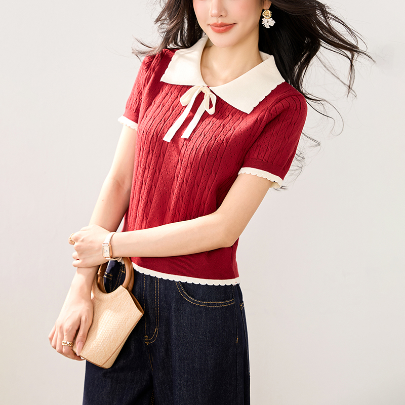 法式甜美POLO領短袖針織T恤(2色)