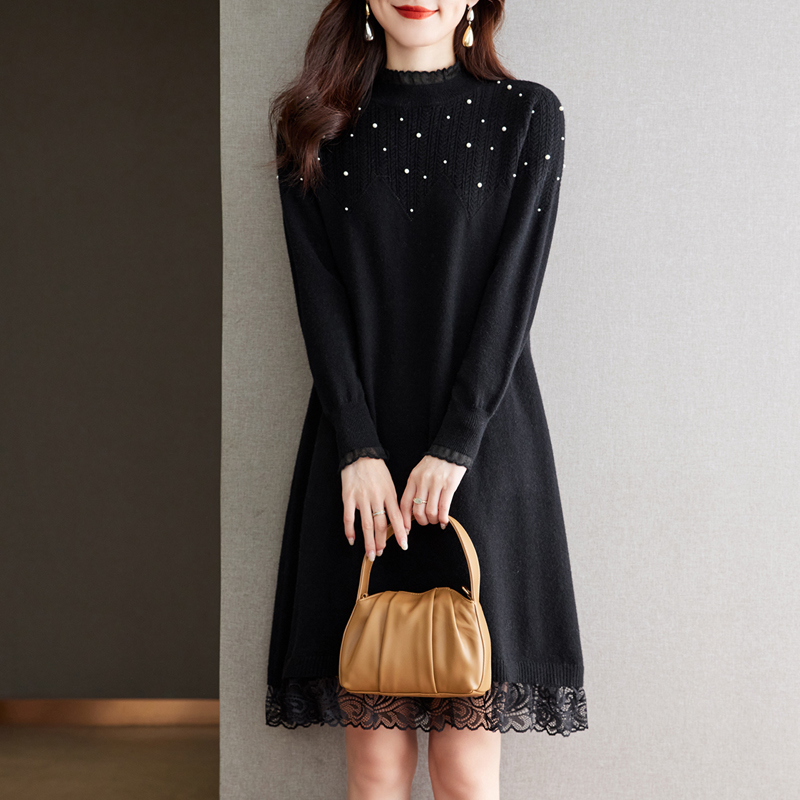 洋氣蕾絲半高領針織毛衣連身裙(4色)