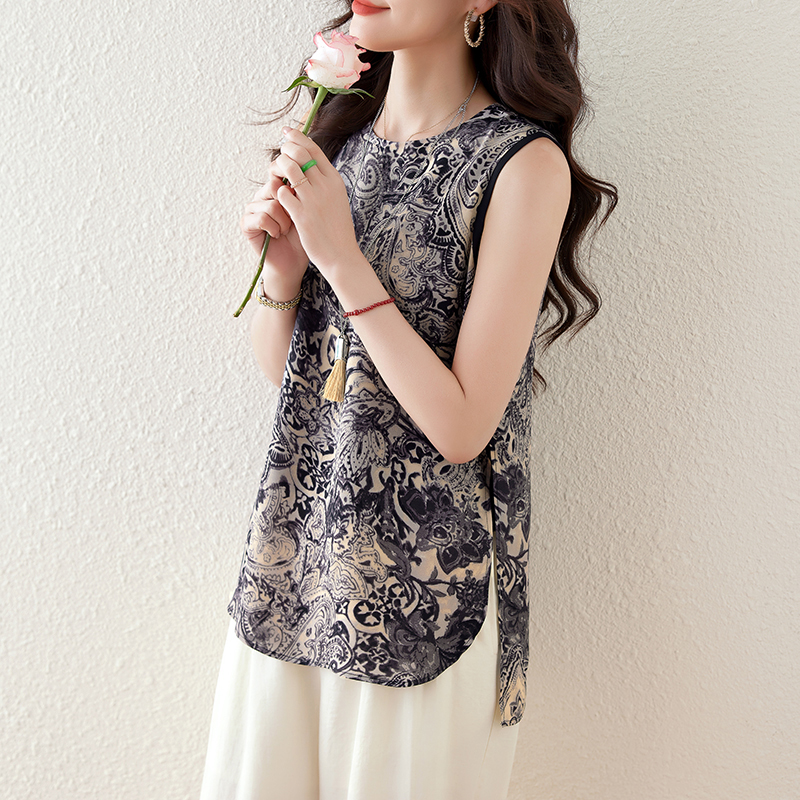 青花瓷紋印花開叉無袖小衫