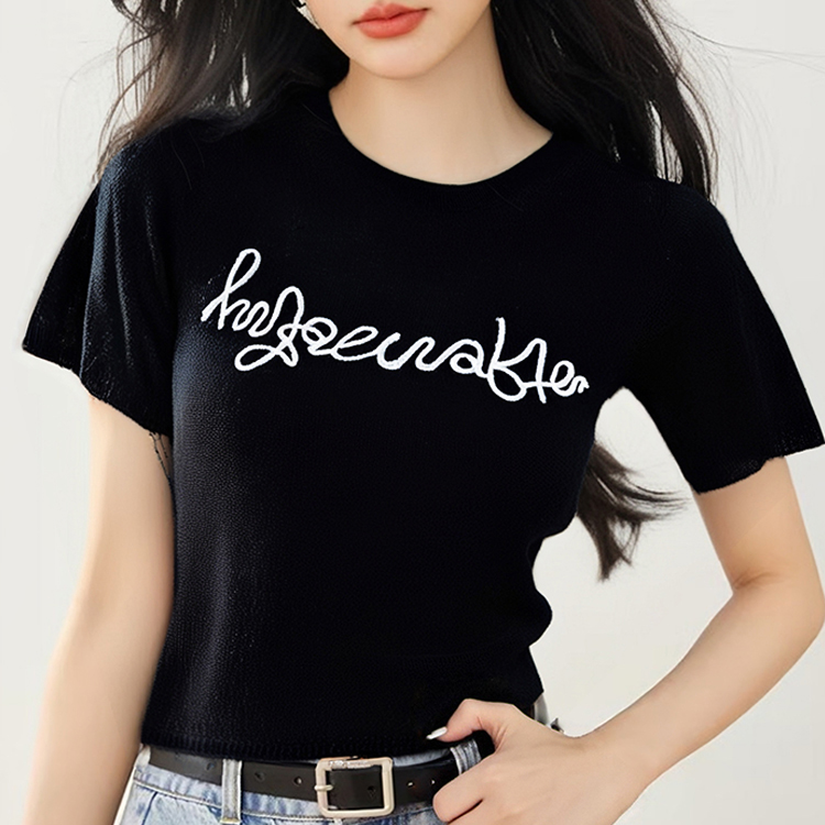 圓領字母刺繡針織短袖T恤(2色)