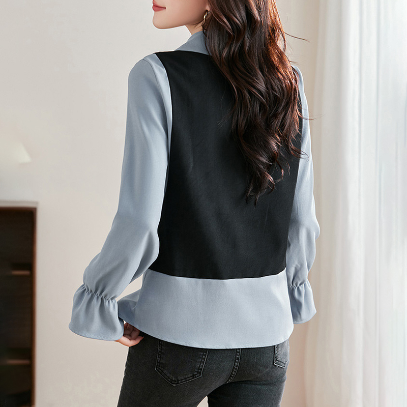 撞色娃娃領喇叭袖拼接假兩件襯衫
