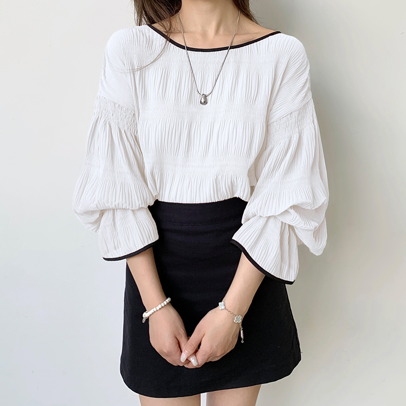日繫褶紋壓褶後綁帶喇叭袖雪紡衫(4色)