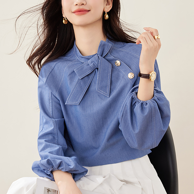 法式復古蝴蝶結繫帶泡泡袖襯衫