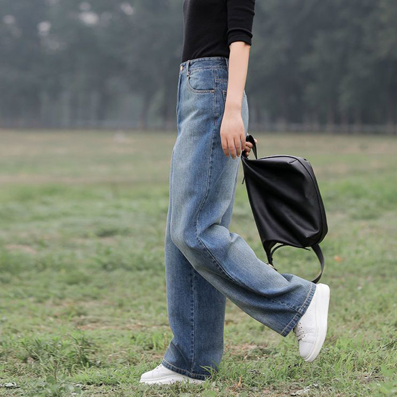 寬鬆百搭拖地垂感直筒闊腳水洗牛仔褲